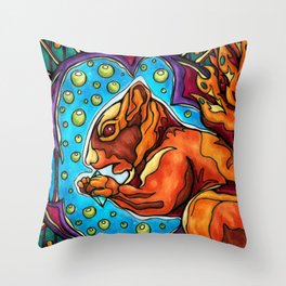 Red squirrel in futuristic forest painting Throw Pillow