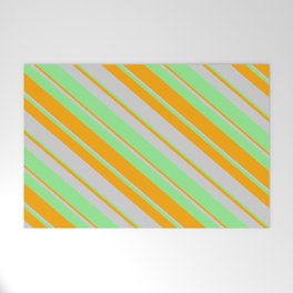 [ Thumbnail: Light Green, Orange & Light Grey Colored Lined/Striped Pattern Welcome Mat ]