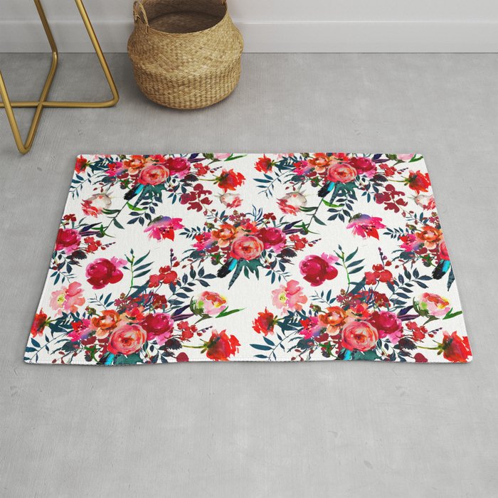 Bohemian pink green hand painted floral feathers pattern Rug