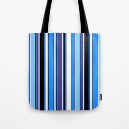 [ Thumbnail: Vibrant Light Sky Blue, Mint Cream, Dark Slate Blue, Blue & Black Colored Lines Pattern Tote Bag ]