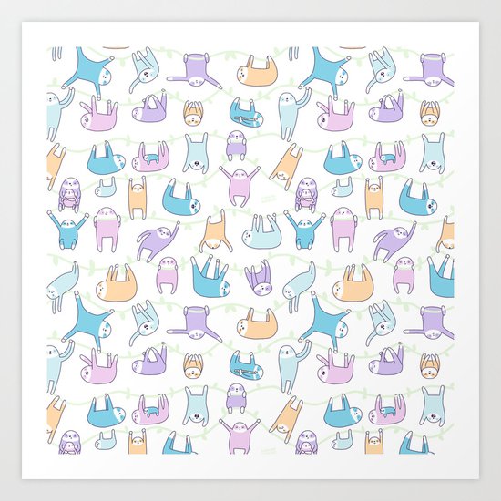 Lazy Sloths Doodle - Pastel and Kawaii Art Print