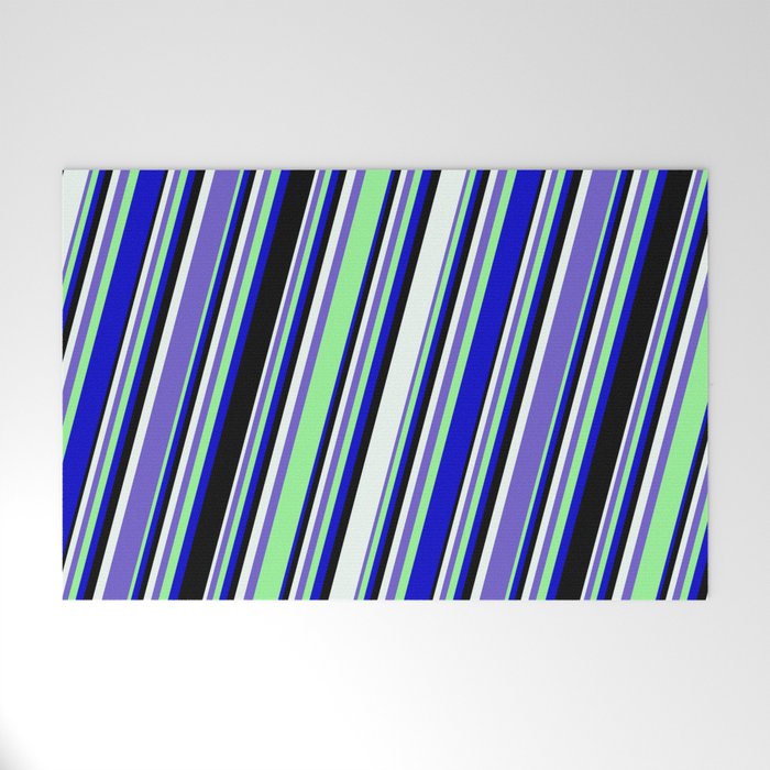 Mint Cream, Slate Blue, Green, Blue, and Black Colored Pattern of Stripes Welcome Mat