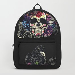 Colorful floral sugar skull with flowers and black raven Backpack
