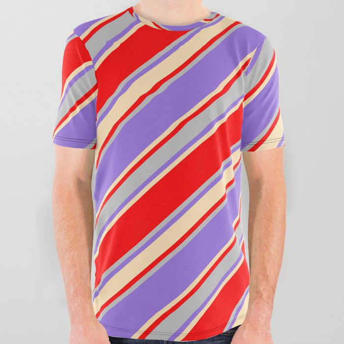 Red, Grey, Purple & Beige Colored Stripes/Lines Pattern All Over Graphic Tee