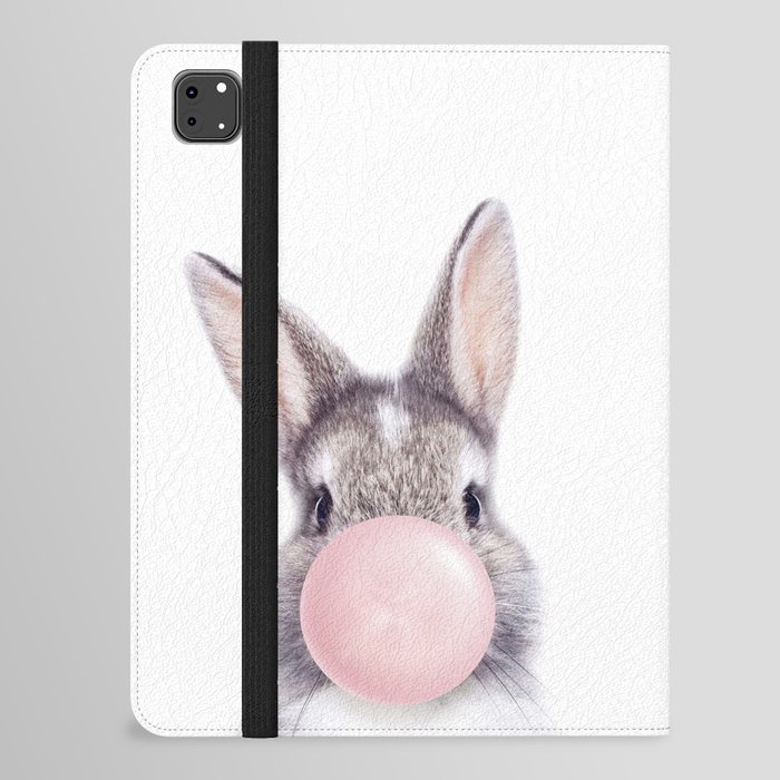 Bunny Rabbit Blowing Bubble Gum, Pink Nursery, Baby Animals Art Print by Synplus iPad Folio Case