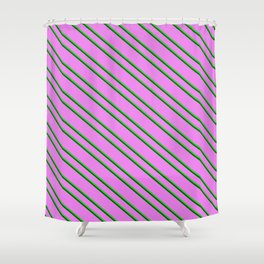 [ Thumbnail: Violet, Lime Green & Dark Green Colored Pattern of Stripes Shower Curtain ]