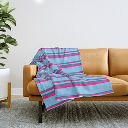 [ Thumbnail: Dark Cyan, Deep Pink, and Light Sky Blue Colored Lined Pattern Throw Blanket ]