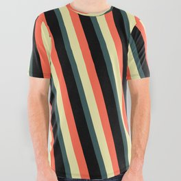 [ Thumbnail: Red, Pale Goldenrod, Dark Slate Gray, and Black Colored Lines Pattern All Over Graphic Tee ]