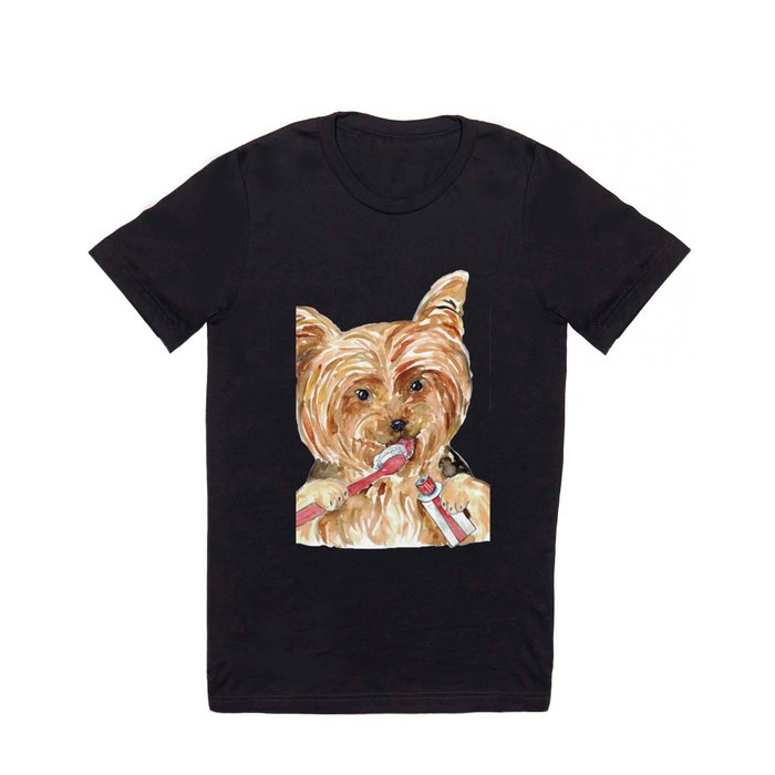 Dog Yourkie Yorkshire terrier brushing teeth bath watercolor T Shirt