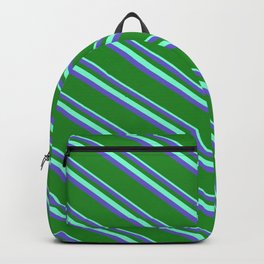 [ Thumbnail: Aquamarine, Slate Blue & Forest Green Colored Lines Pattern Backpack ]