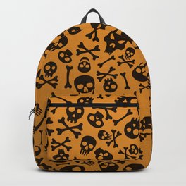 Black Silhouette Skulls and Bones Halloween Pattern on Orange Background Backpack