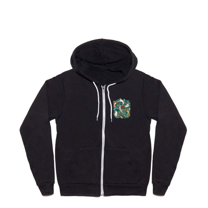 Autumn joy // pine green background cats dancing with many leaves in fall colors Full Zip Hoodie