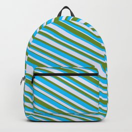[ Thumbnail: Deep Sky Blue, Lavender, and Green Colored Lined Pattern Backpack ]