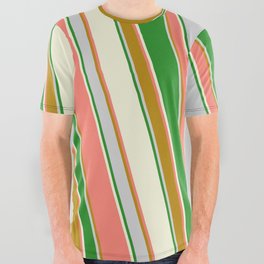 [ Thumbnail: Salmon, Dark Goldenrod, Light Grey, Forest Green, and Beige Colored Striped/Lined Pattern All Over Graphic Tee ]