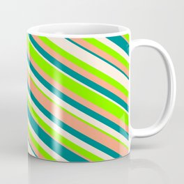 [ Thumbnail: Beige, Chartreuse, Light Salmon, and Teal Colored Lines Pattern Coffee Mug ]