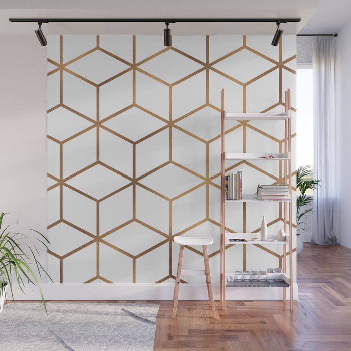 White And Gold Geometric Cube Design Wall Mural By Catherinebuggins Society6
