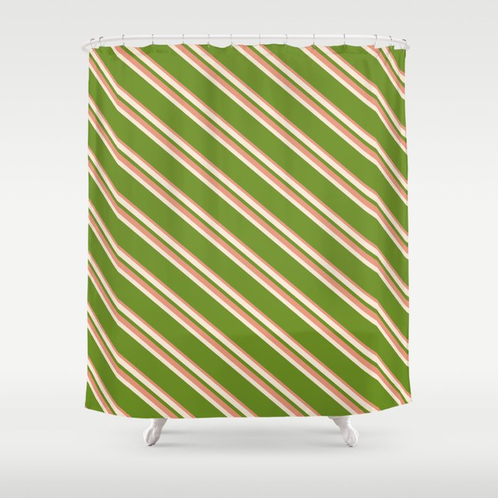 Beige, Green & Dark Salmon Colored Striped/Lined Pattern Shower Curtain