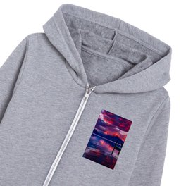 Dark twilight pink sky sunset over mirrored alpine lake and dock mountain range nature color photograph Kids Zip Hoodie