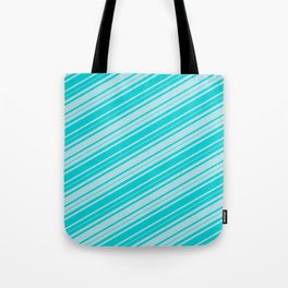 [ Thumbnail: Dark Turquoise & Powder Blue Colored Lined Pattern Tote Bag ]