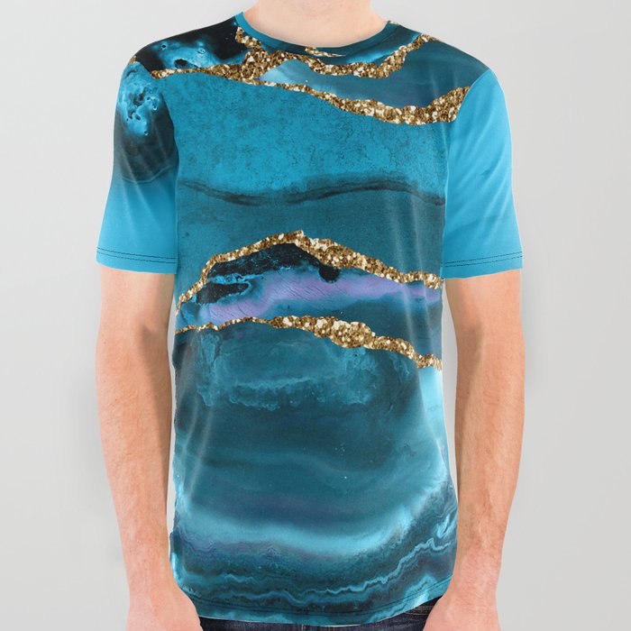 Abstract  Iceblue  And Gold Emerald Marble Landscape  All Over Graphic Tee