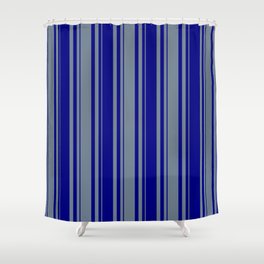 [ Thumbnail: Slate Gray and Blue Colored Lined Pattern Shower Curtain ]