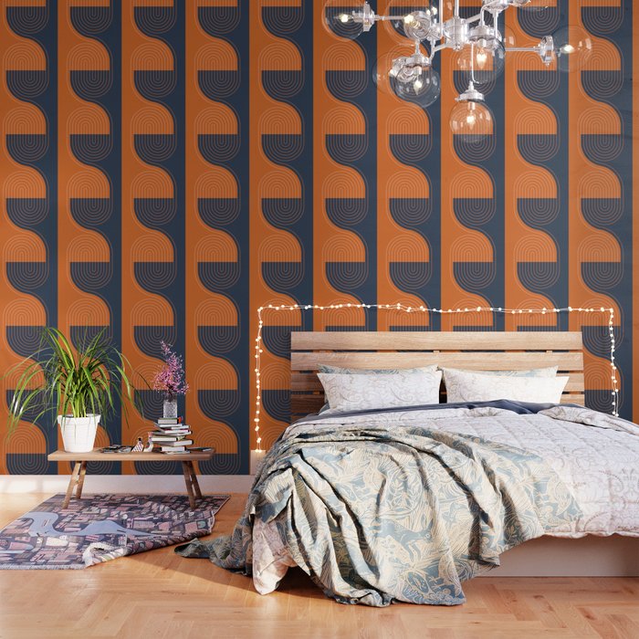 Geometric Lines in Navy Blue and vintage Orange 2 (Rainbow and Arch Abstract) Wallpaper