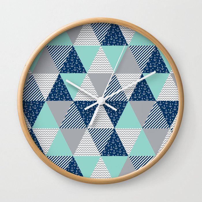 Triangle quilt pattern navy grey and white minimal modern basic nursery Wall Clock