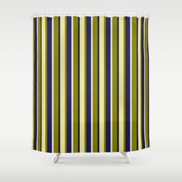 [ Thumbnail: Tan, Midnight Blue, and Green Colored Pattern of Stripes Shower Curtain ]