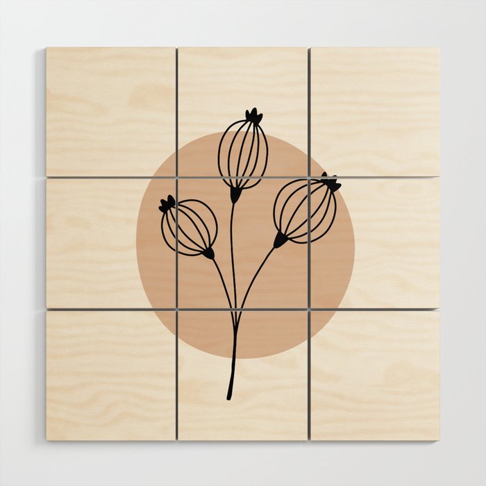 Modern Botanical Flower Pod Minimal Line Art - Earth Tone - Warm Neutral Shades Of Nature Tan Black Wood Wall Art