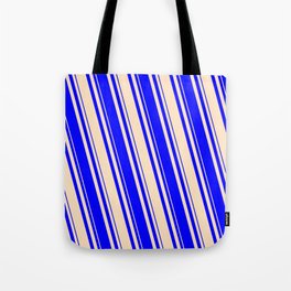 [ Thumbnail: Bisque & Blue Colored Lined Pattern Tote Bag ]