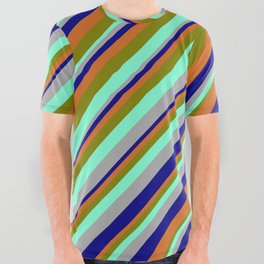[ Thumbnail: Eyecatching Dark Grey, Blue, Chocolate, Green, and Aquamarine Colored Striped Pattern All Over Graphic Tee ]