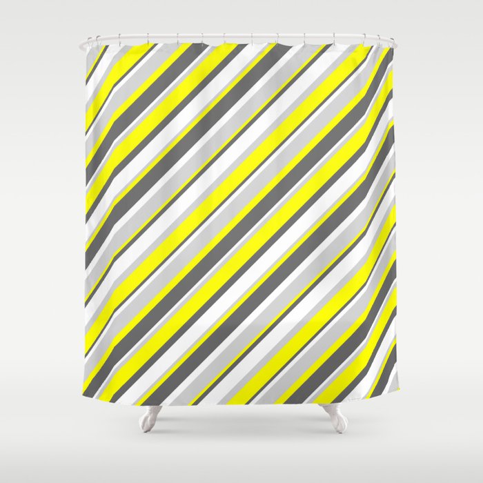 Yellow, Dim Gray, White & Light Grey Colored Stripes Pattern Shower Curtain