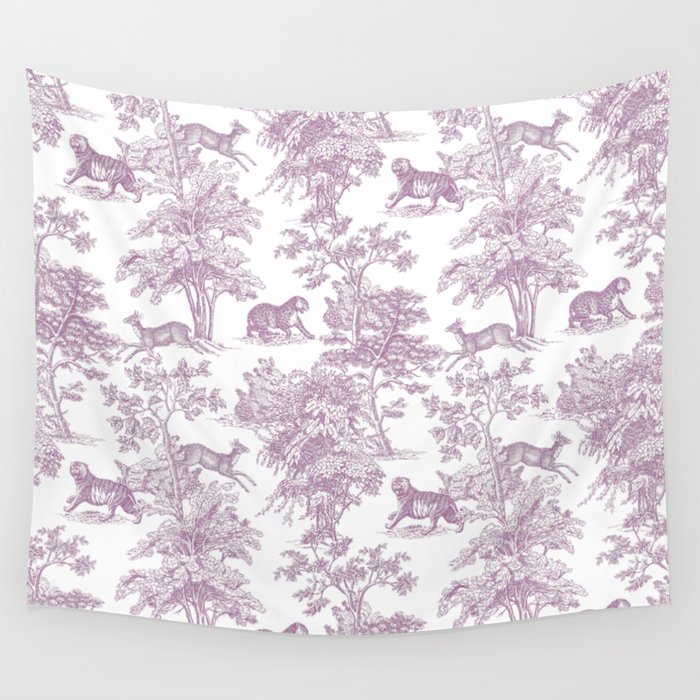 Toile de Jouy Vintage French Exotic Jungle Forest Lilac Blush & White Wall Tapestry
