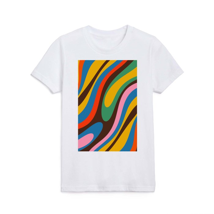 Wavy Loops Colourful Retro Abstract Pattern Blue Pink Green Orange Yellow Pink Brown Kids T Shirt