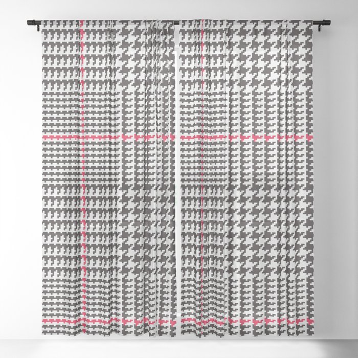 Black and White Glen Plaid with Red Stripe Sheer Curtain