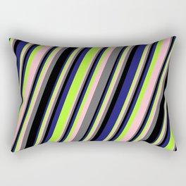 [ Thumbnail: Eye-catching Midnight Blue, Light Green, Pink, Dim Grey, and Black Colored Striped Pattern Rectangular Pillow ]
