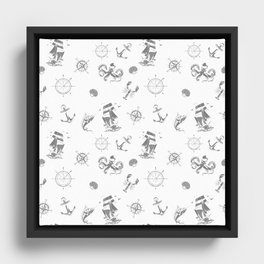 Grey Silhouettes Of Vintage Nautical Pattern Framed Canvas