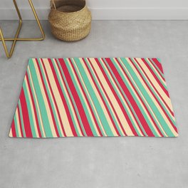 [ Thumbnail: Aquamarine, Crimson, and Beige Colored Striped/Lined Pattern Rug ]
