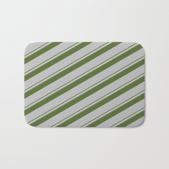 Dark Olive Green & Grey Colored Striped/Lined Pattern Bath Mat