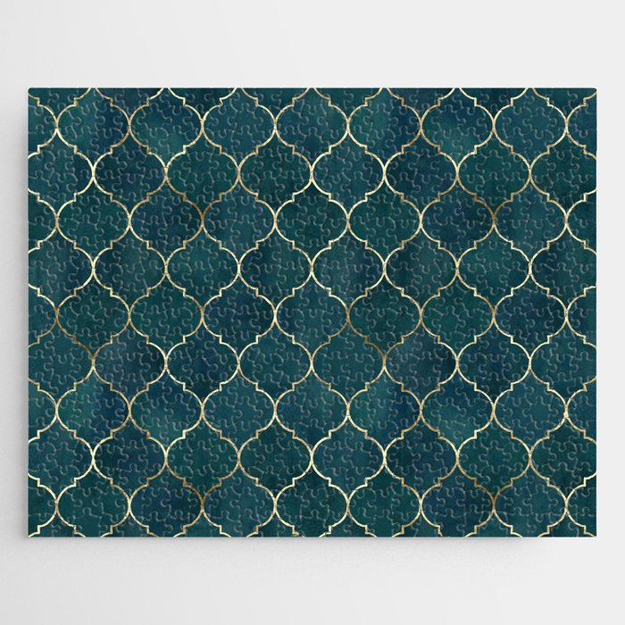 Emerald Golden Moroccan Quatrefoil Pattern Jigsaw Puzzle