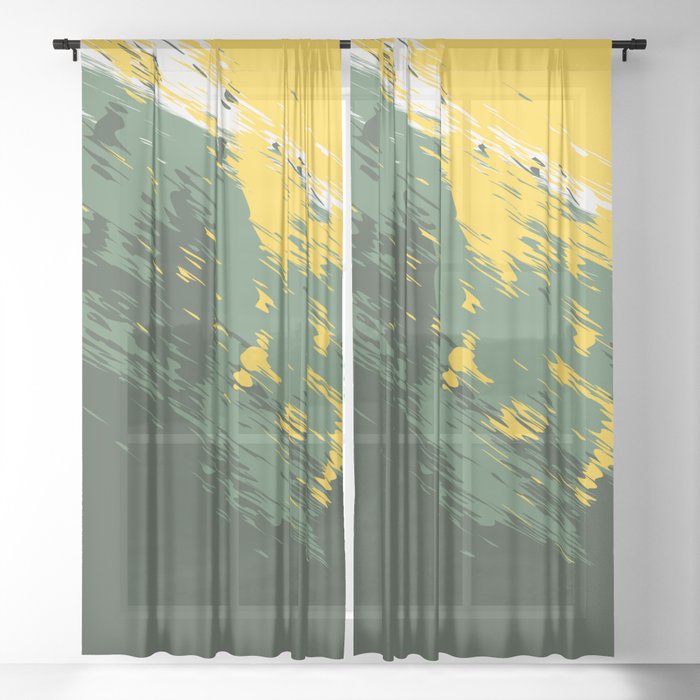 Brush - Abstract Colourful Art Design in Green and Yellow Sheer Curtain