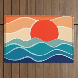 Retro 70s and 80s Color Palette Mid-Century Minimalist Nature Waves and Sun Abstract Art Outdoor Rug