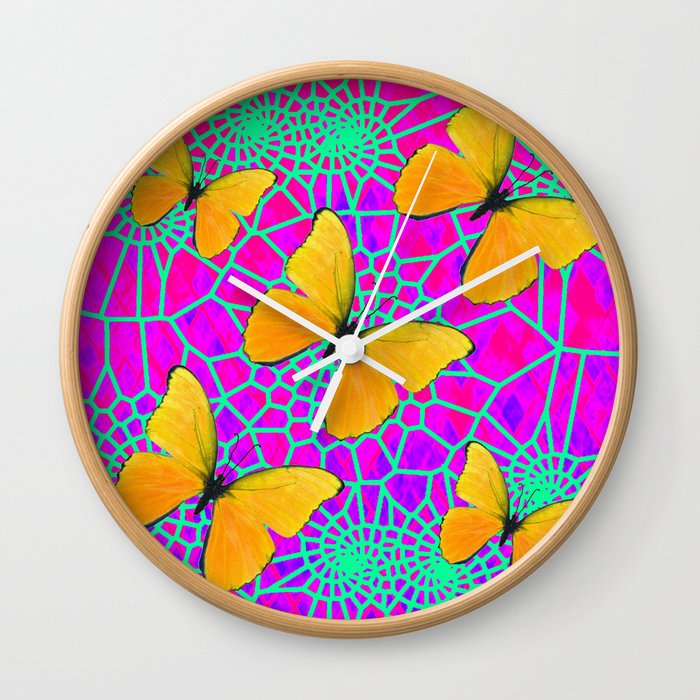 Golden Butterflies Neon Green Web Fuchsia Art Wall Clock