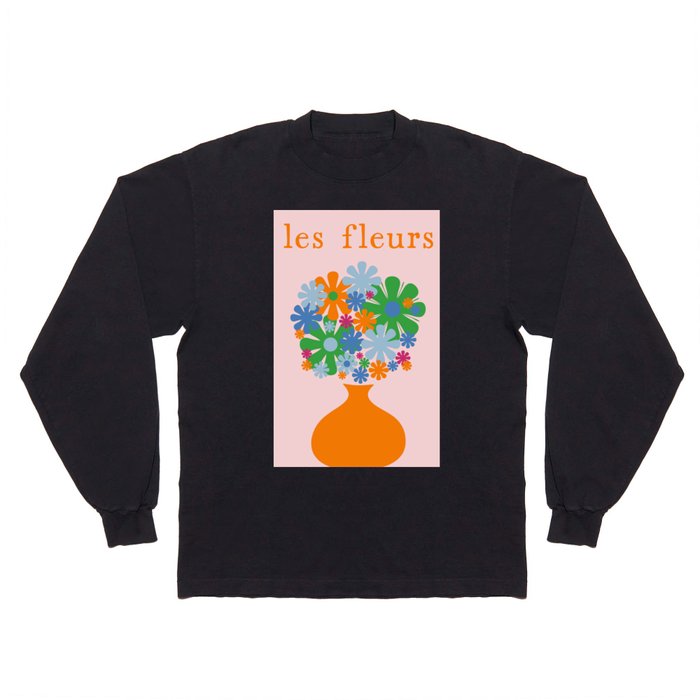 Flowers in Vase Les Fleurs Cheerful Retro Minimal Still Life Pink Tangerine Long Sleeve T Shirt