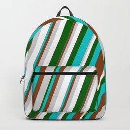 [ Thumbnail: Eyecatching Dark Turquoise, Brown, Light Gray, White & Dark Green Colored Lined Pattern Backpack ]