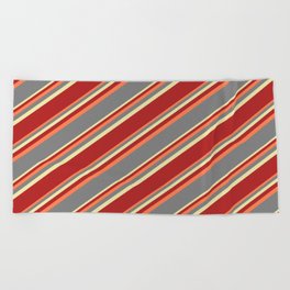 [ Thumbnail: Coral, Grey, Pale Goldenrod, and Red Colored Striped Pattern Beach Towel ]