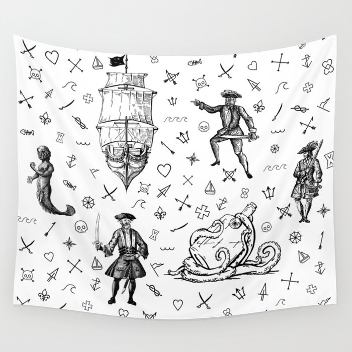 Pirate's Life Stick and Poke Illustration Wall Tapestry