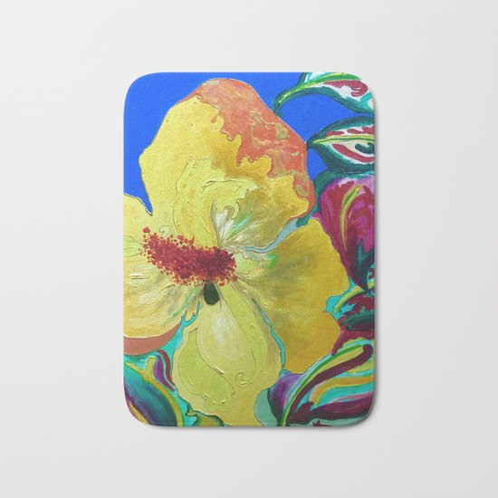 Birthday Acrylic Yellow Orange Hibiscus Flower Painting with Red and Green Leaves Bath Mat