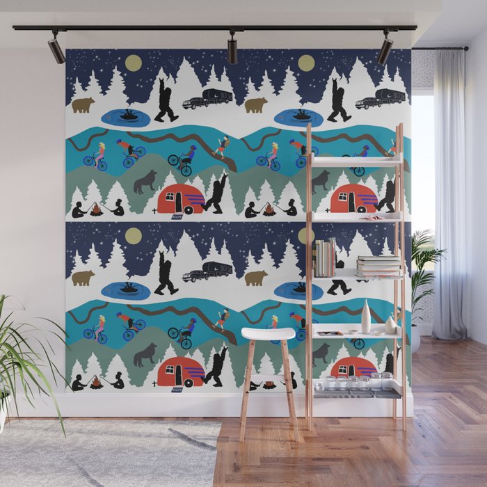 Happy Campers biking hiking with bear and Wolf Wall Mural