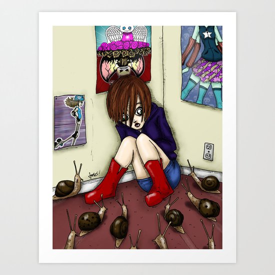 Girl in Corner Surrounded by Snails Scared by RonkyTonk Art Print